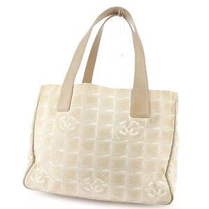 CHANEL tote bag New Travel line beige nylon jacquard ?~ leather used T17975